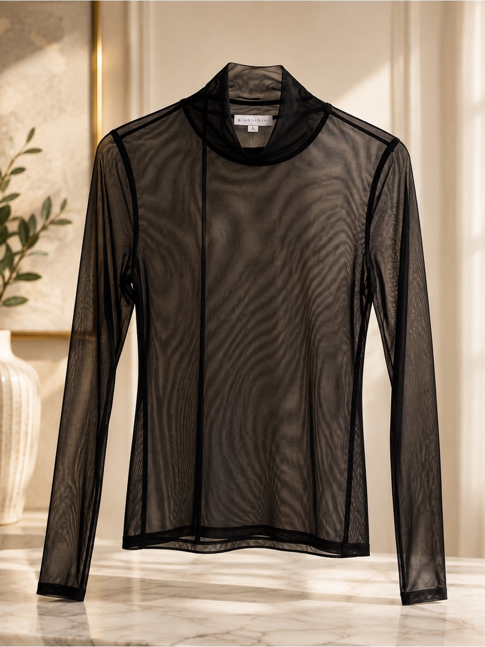 Gianni Bini Black Sheer Mesh Long-Sleeve Top